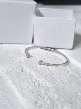 Minimal Silver Open Cuff Bracelet - Modern Cube Ends